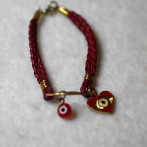 Trendy Red Braided Leather Double Evil Eye/Heart Charm Gold Tone 6.5" Bracelet